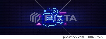 Neon light glow effect. Journey line icon. Road path sign. Route map chat bubble symbol. 3d line neon glow icon. Brick wall banner. Journey outline. Vector 100722572