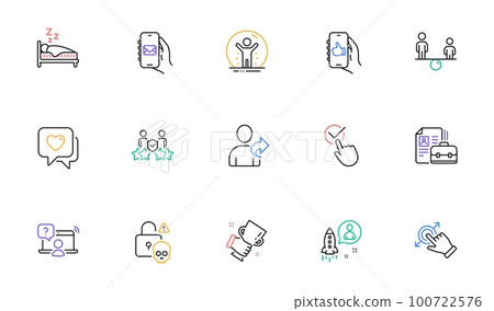 Touchscreen gesture, Vacancy and Startup line icons for website, printing. Collection of Sleep, Online question, Refer friend icons. Heart, Recovered person, Equity web elements. Vector 100722576