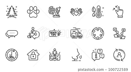Outline set of Online voting, Touchscreen gesture and Lock line icons for web application. Talk, information, delivery truck outline icon. Include Dots message, Thermometer, User info icons. Vector 100722589