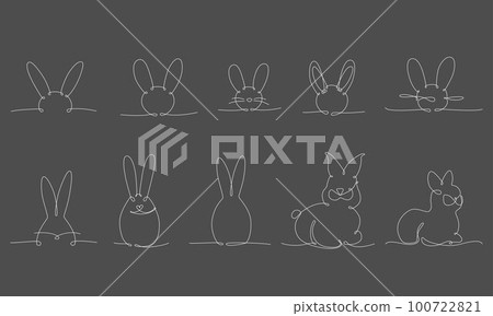 Easter bunny continues line hand draw pack elements. Vector stock illustration minimalism design isolated on black chalkboard background. Editable stroke single line collection. EPS10 Easter bunny continues line hand draw pack elements. Vector stock illustration minimalism design isolated on black chalkboard background. Editable stroke single line collection. EPS10 100722821