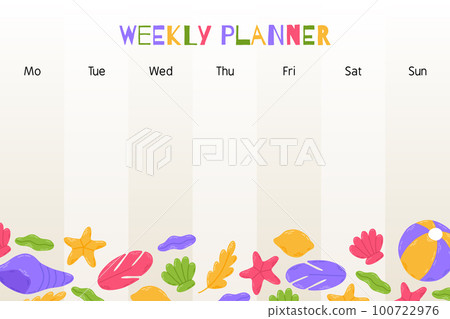 Summer weekly planner template with beach elements: watermelon, sunscreen, flip flops, seashell, lifebuoy, hat, cocktail, lemon. Hand drawn flat cartoon template. Vector illustration 100722976