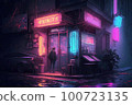 Cyberpunk man on neon futuristic city background. Night cafe or pab. Cyber punk game concept illustration. Digital fantasy, virtual reality art. Technology and future fashion. Generated by artificial 100723135