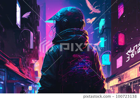 Cyberpunk man on night neon futuristic city background. Cyber punk game concept illustration. Digital fantasy, virtual reality art. Technology and future fashion. Generated by artificial intelligence 100723138