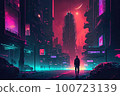 Cyberpunk man on night neon futuristic city background. Cyber punk game concept illustration. Digital fantasy, virtual reality art. Technology and future fashion. Generated by artificial intelligence 100723139