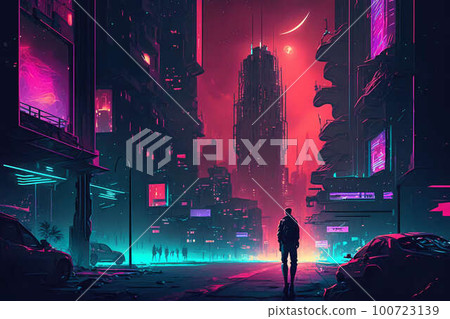 Cyberpunk man on night neon futuristic city background. Cyber punk game concept illustration. Digital fantasy, virtual reality art. Technology and future fashion. Generated by artificial intelligence 100723139