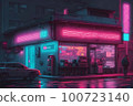 Cyberpunk shop on night neon futuristic city background. Cyber punk store concept illustration. Digital game fantasy, virtual reality art. Technology and future fashion. Generated by artificial 100723140