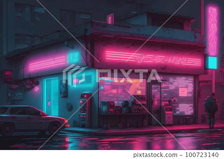 cyberpunk,city,metropolis,neon, rain,art illustration Stock Illustration