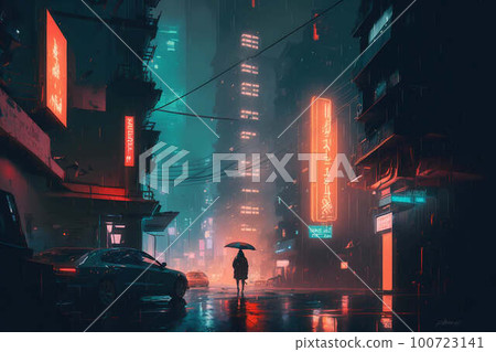 Cyberpunk man with umbrella on night neon futuristic city rain background. Cyber punk concept illustration. Technology and future fashion. Generated by artificial intelligence 100723141