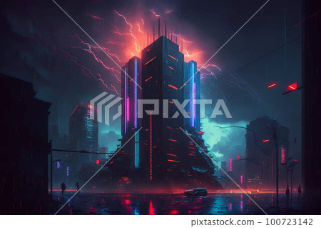 Cyberpunk skyscraper on night neon futuristic city background. Cyber punk downtown architecture concept illustration. Modern building or tower. Generated by artificial intelligence 100723142