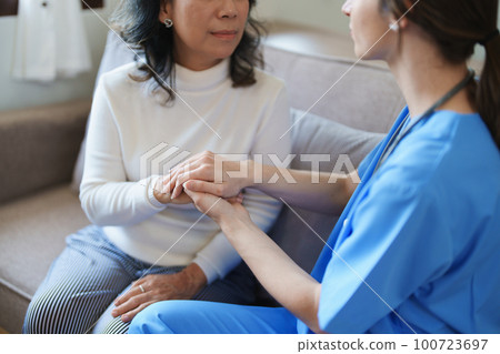 Portrait of a female doctor holding a patient's hand to encourage the fight against disease Portrait of a female doctor holding a patient's hand to encourage the fight against disease 100723697