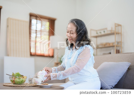 Portrait of an elderly Asian woman drinking healthy tea while eating vegetable salad and snack Portrait of an elderly Asian woman drinking healthy tea while eating vegetable salad and snack 100723859