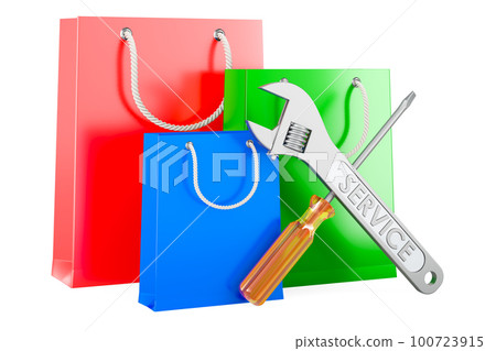 Shopping bags with screwdriver and wrench, 3D rendering 100723915