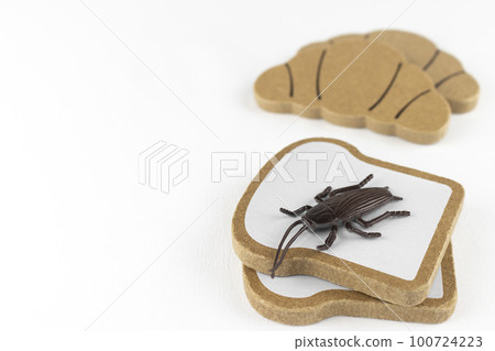 玩具蟑螂和麵包。污染的形象 100724223