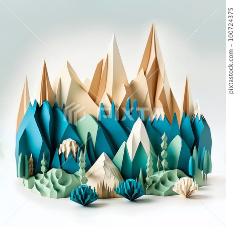Mountain landscape scenery banner background paper art style. Digital illustration. Mountain landscape scenery banner background paper art style. Digital illustration. 100724375