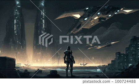 Cyber city at night, man looks at futuristic buildings and aircrafts, generative AI. 100724488