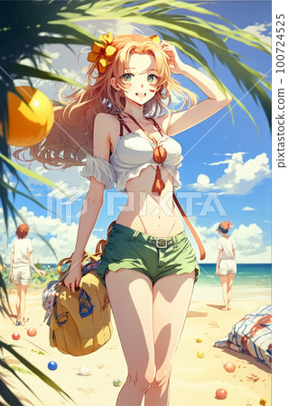 Anime girl walks on beach, young pretty woman on summer vacation, illustration, generative AI 100724525