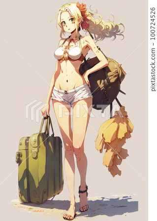 Anime girl walks on beach, young pretty woman on summer vacation, illustration, generative AI 100724526