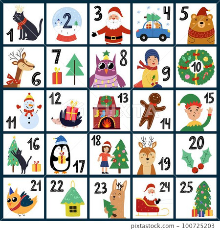 Christmas Advent Calendar with cute winter characters. December countdown poster 100725203