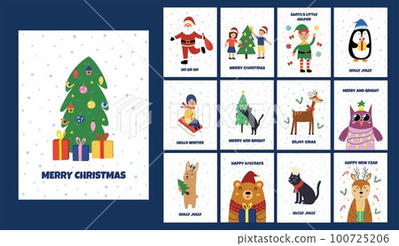 Christmas greeting cards set with cute winter animals, kids, Santa Claus. Christmas holiday tags bundle 100725206