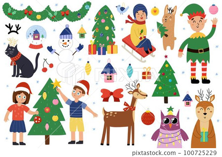 Cute Christmas elements set. Doodle winter objects collection 100725229