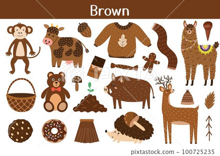 Brown color objects set. Learning colors for kids. Cute elements collection Brown color objects set. Learning colors for kids. Cute elements collection 100725235