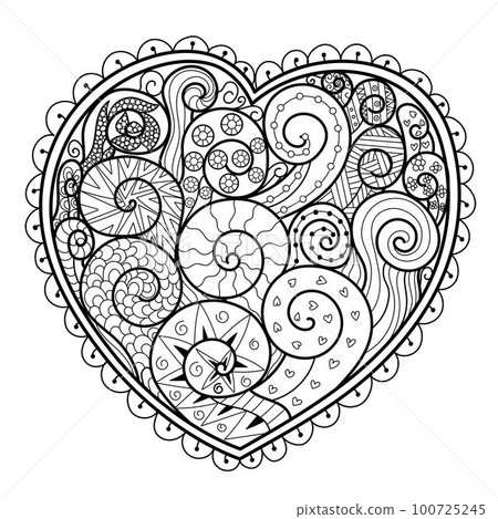 Hand drawn doodle heart coloring page. Black and white Valentines Day pattern 100725245