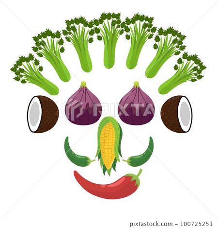 Cute fruit and vegetable face. Vegan mask Cute fruit and vegetable face. Vegan mask 100725251