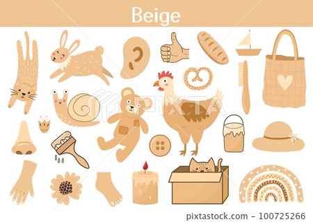 Beige color objects set. Learning colors for kids. Cute elements collection 100725266