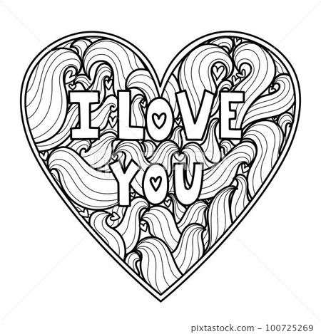 I Love You doodle heart coloring page. Black and white Valentines Day pattern for coloring book I Love You doodle heart coloring page. Black and white Valentines Day pattern for coloring book 100725269