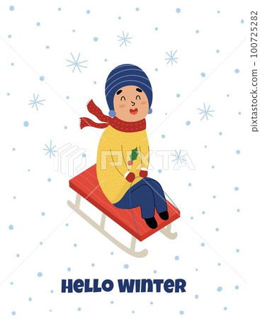 Hello Winter greeting card with a cute boy sledding 100725282