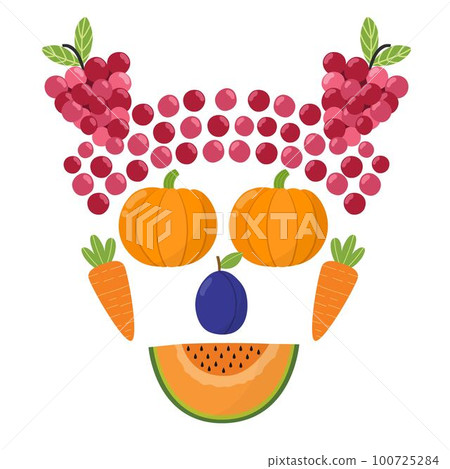 Cute fruit and vegetable face. Funny healthy head with pumpkin instead of eyes Cute fruit and vegetable face. Funny healthy head with pumpkin instead of eyes 100725284