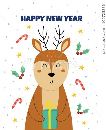 Happy New Year greeting card with a cute reindeer carrying Christmas gift Happy New Year greeting card with a cute reindeer carrying Christmas gift 100725286