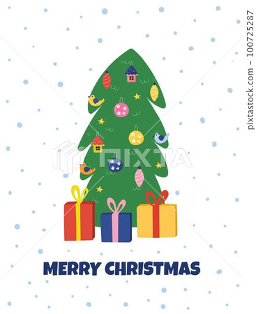 Merry Christmas greeting card with a cute Christmas tree and gifts Merry Christmas greeting card with a cute Christmas tree and gifts 100725287