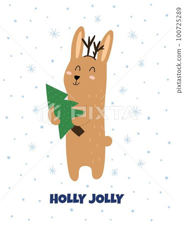 Holly Jolly greeting card with a cute rabbit carrying Christmas tree Holly Jolly greeting card with a cute rabbit carrying Christmas tree 100725289