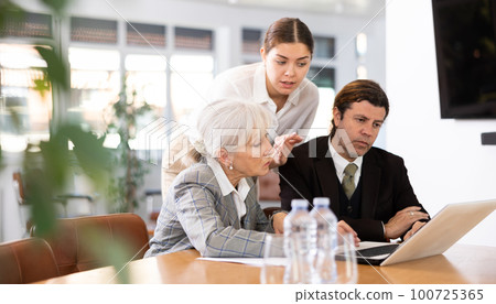 Business partners discussing documents and ideas at meeting Business partners discussing documents and ideas at meeting 100725365