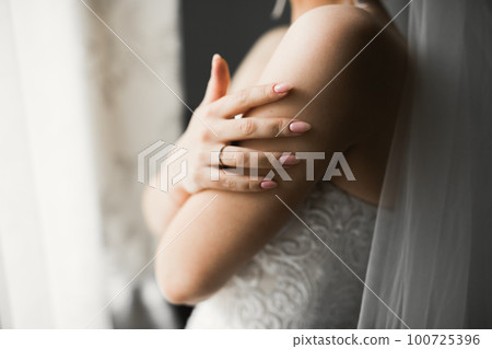 Beautiful bride wearing fashion wedding dress with feathers with luxury delight make-up and hairstyle, studio indoor photo shoot 100725396