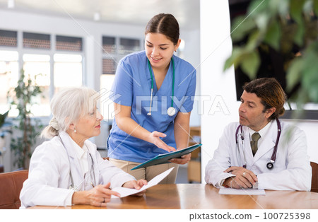 Group of professional doctors sitting at table and discussing diagnosis and treatment of patients during medical council Group of professional doctors sitting at table and discussing diagnosis and treatment of patients during medical council 100725398