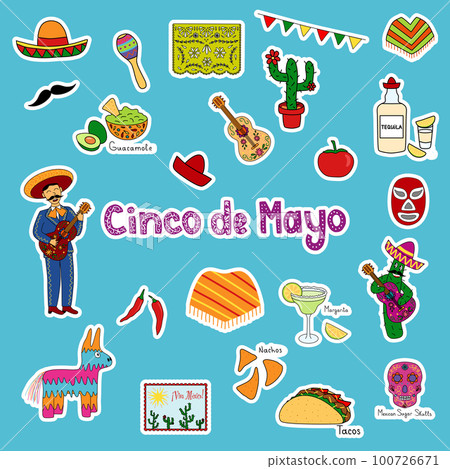 Cinco de Mayo sticker set, festive graphics ideal for Mexican themed parties, vector illustration 100726671