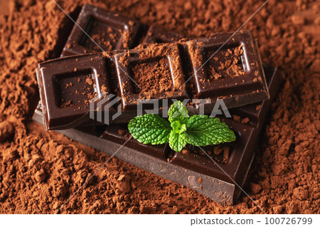 Dark and milk chocolate with nuts on a dark background sprinkled with cocoa powder. Dark and milk chocolate with nuts on a dark background sprinkled with cocoa powder. 100726799