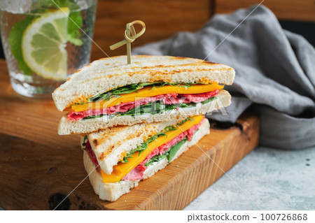 Two homemade sandwiches with sausage, cheese and arugula on a light concrete background 100726868