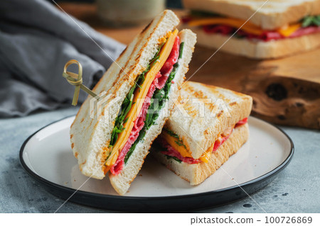 Two homemade sandwiches with sausage, cheese and arugula on a light concrete background 100726869