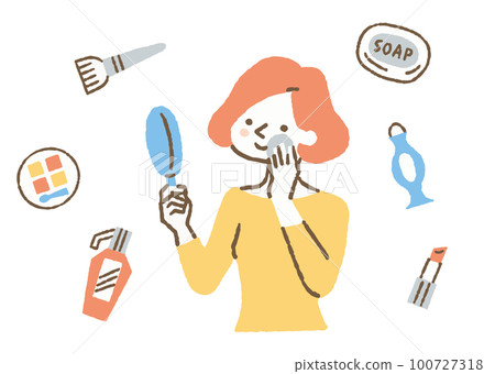 Woman holding a mirror and applying makeup_color Woman holding a mirror and applying makeup_color 100727318