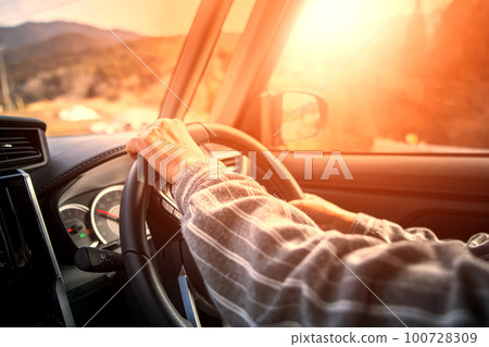 司機握著汽車的方向盤/司機的手在路上 100728309