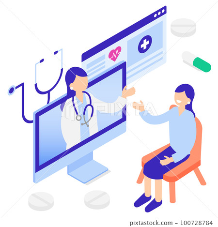 Isometric illustration of online medical consultation with doctor at home Isometric illustration of online medical consultation with doctor at home 100728784