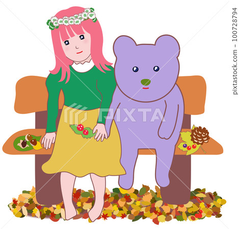 一個女孩和一隻淺紫色的熊手牽手坐在森林的長凳上 100728794