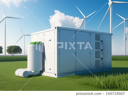 Panoramic view of wind farm or wind park, with high wind turbines for generation electricity with copy space. Green energy concept. Panoramic view of wind farm or wind park, with high wind turbines for generation electricity with copy space. Green energy concept. 100729007