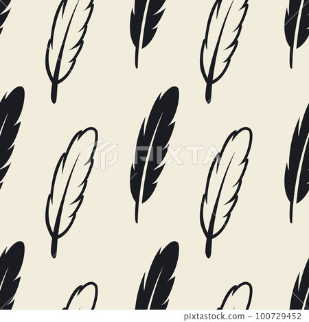 Vector Seamless Pattern with Different Black Fluffy Feather Silhouettes on White Background. Design Template of Flamingo, Angel, Bird Feathers for Wall Paper, Textile. Lightness, Freedom Concept Vector Seamless Pattern with Different Black Fluffy Feather Silhouettes on White Background. Design Template of Flamingo, Angel, Bird Feathers for Wall Paper, Textile. Lightness, Freedom Concept 100729452