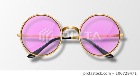 Vector 3d Realistic Modern Unisex Frame Glasses. Golden Color Frame. Pink Transparent Sunglasses for Women and Men, Accessory. Optics, Lens, Vintage, Trendy Glasses. Front View Vector 3d Realistic Modern Unisex Frame Glasses. Golden Color Frame. Pink Transparent Sunglasses for Women and Men, Accessory. Optics, Lens, Vintage, Trendy Glasses. Front View 100729471
