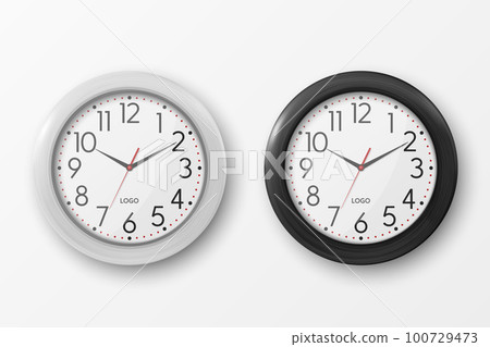 Vector 3d Realistic Simple Round White and Black Wall Office Clock with White Dial Icon Set Closeup Isolated on White Background. Design Template, Mock-up for Branding, Advertise. Front or Top View Vector 3d Realistic Simple Round White and Black Wall Office Clock with White Dial Icon Set Closeup Isolated on White Background. Design Template, Mock-up for Branding, Advertise. Front or Top View 100729473