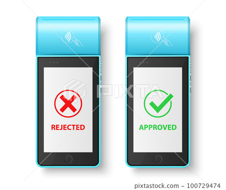 Vector 3d Blue NFC Payment Machine with Approved and Rejected Status Isolated. Wi-fi, Wireless Payment. POS Terminal, Machine Design Template of Bank Payment Contactless Terminal, Mockup. Top VIew Vector 3d Blue NFC Payment Machine with Approved and Rejected Status Isolated. Wi-fi, Wireless Payment. POS Terminal, Machine Design Template of Bank Payment Contactless Terminal, Mockup. Top VIew 100729474